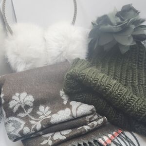 Cold Weather Accessories Knit Beanie, Faux Fur Earmuff, 52" Soft Scarf